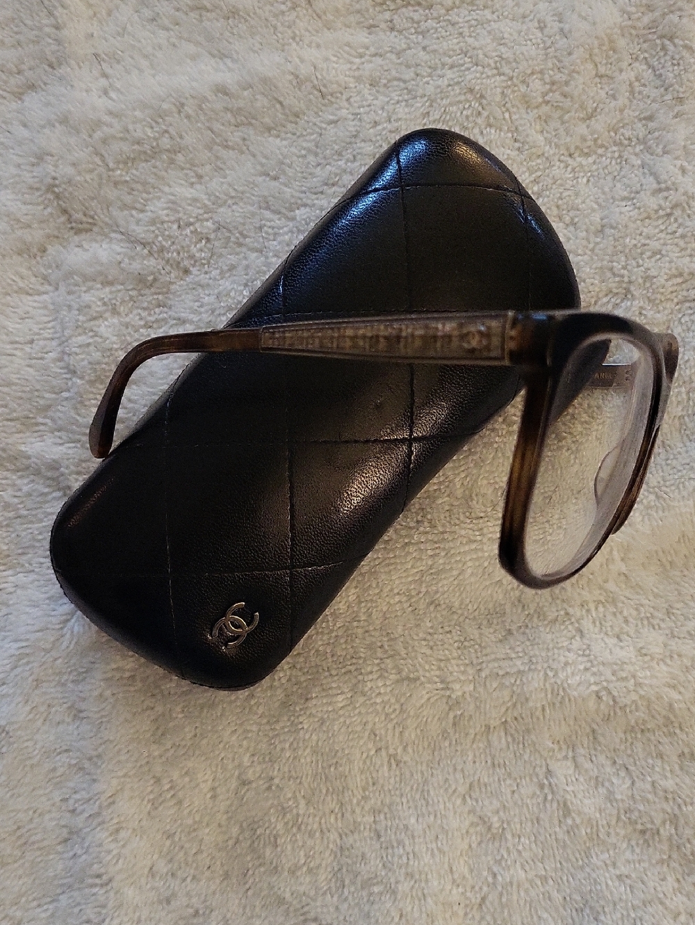 CHANEL Black Quilted Eyeglass Case with Cateye Tortoiseshell Frame FRAMES ONLY